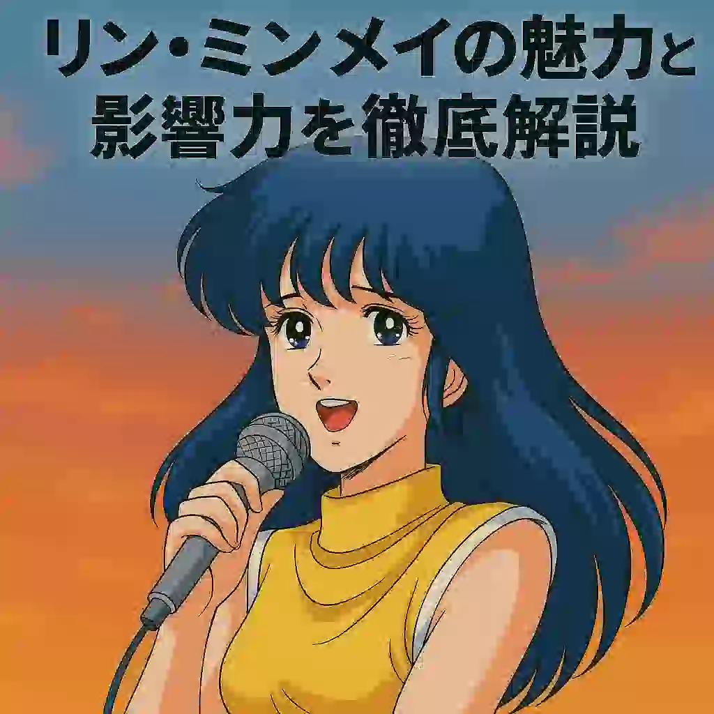 リン・ミンメイがステージで歌っているアニメイラスト。夕焼けの背景に彼女の明るいドレスが映え、アイドルとしての存在感を放っている。