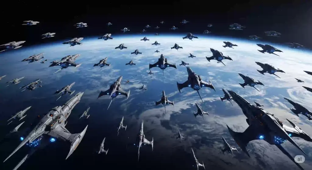 青い地球に迫りくる、ブラスター星人の邪悪な宇宙船団。宇宙空間を埋め尽くす多数の宇宙船が、地球侵略の脅威を感じさせる。