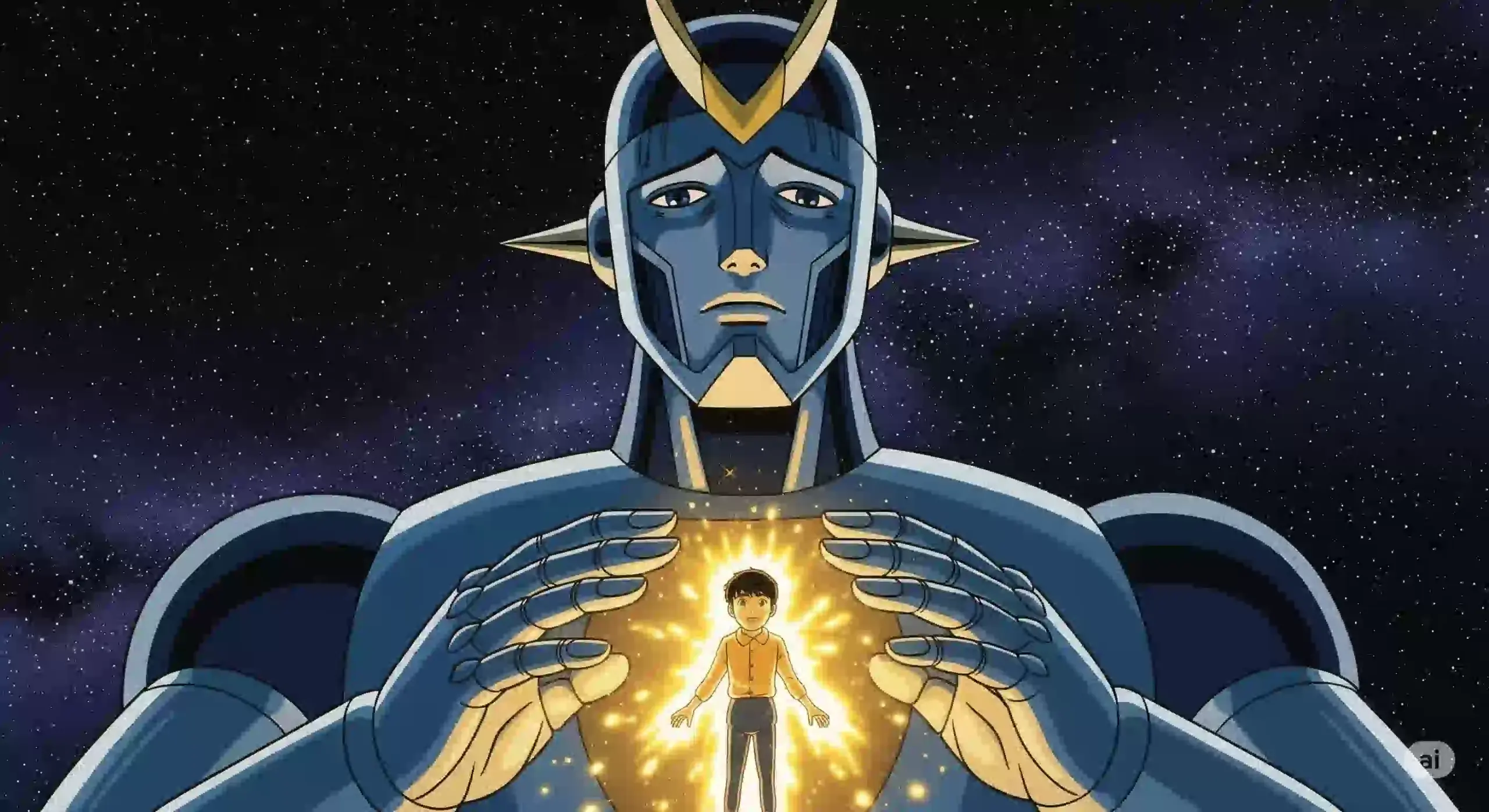 昭和のカルトロボットアニメ『アストロガンガー』のアイキャッチ画像。宇宙を背景に、人間臭い表情を浮かべたアストロガンガーが立ち、その胸には少年カンタローが光となって融合していく様子が描かれている。