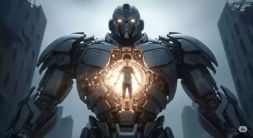 少年カンタローの体が光の粒子となって、巨大ロボット・アストロガンガーの胸部に吸い込まれていく融合シーン。少年とロボットが一体化する奇跡の瞬間。