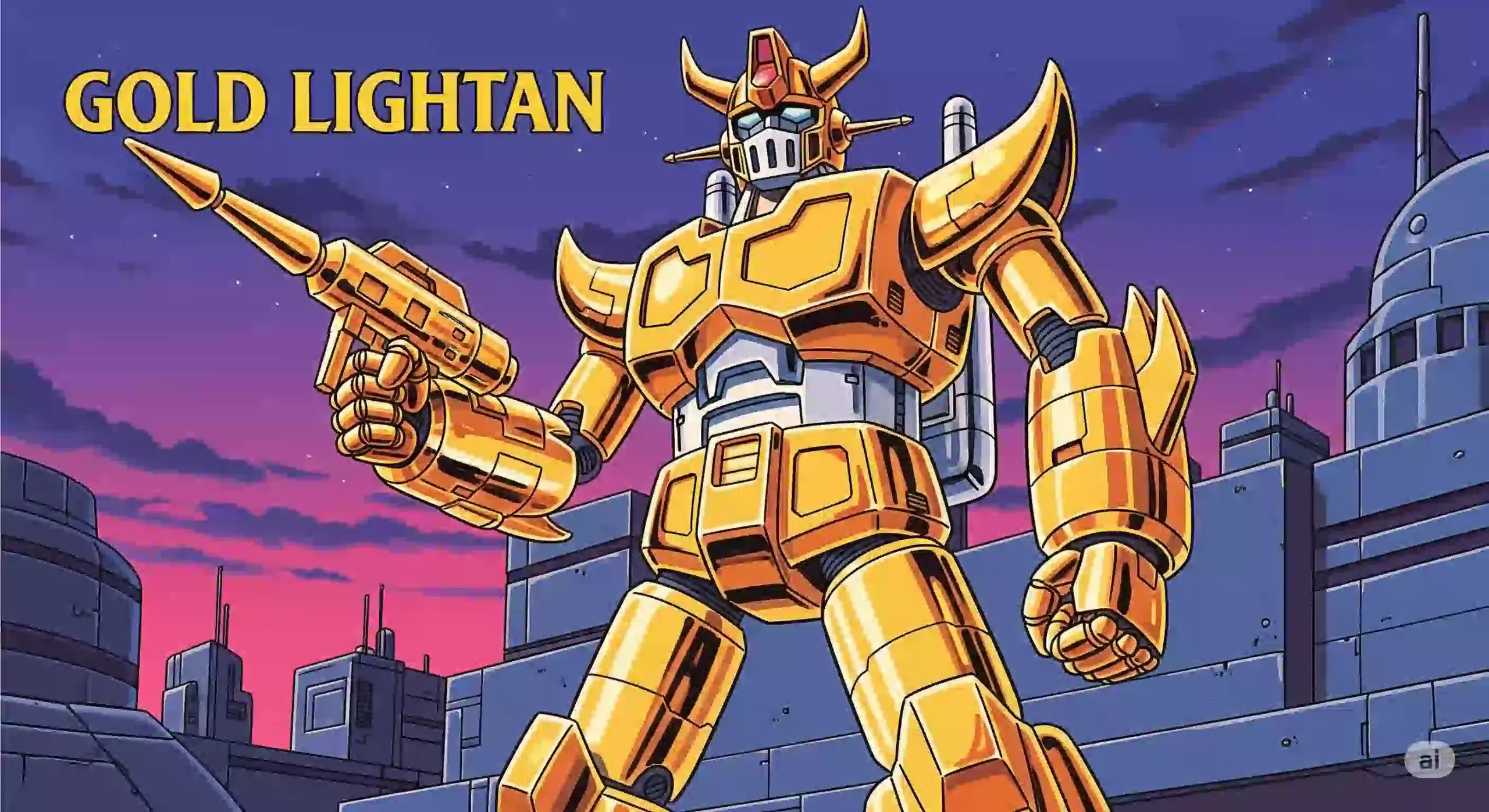 Retro anime-style illustration of the 1981 Gold Lightan Chogokin toy, showcasing its golden appearance and diecast feel.